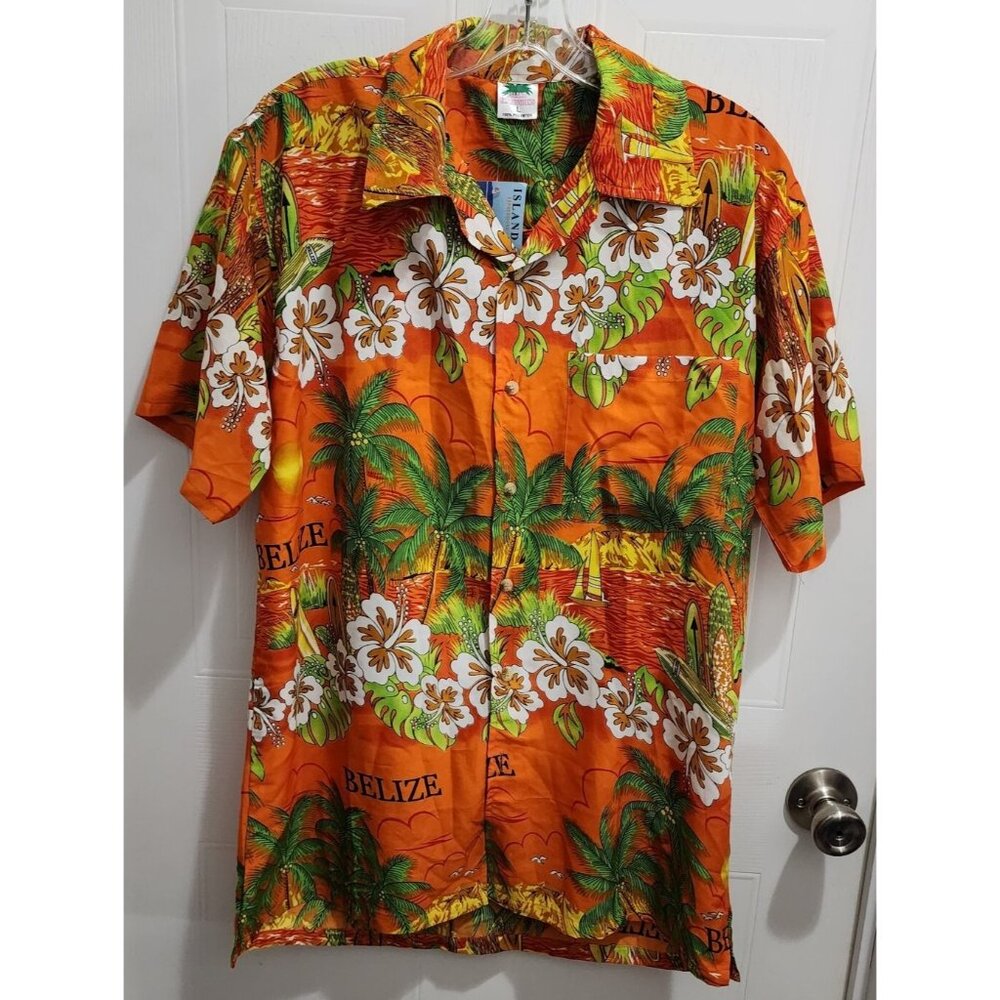 NEW Island Expressions Short Sleeve Button Up Hawaiian Shirt Belize Aloha Camp L